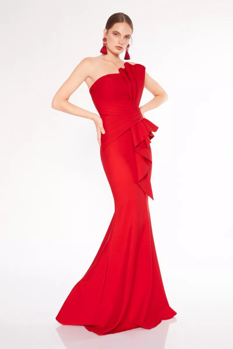 Red Crepe Strapless Maxi Dress