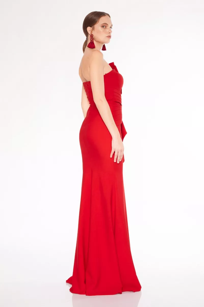 Red Crepe Strapless Maxi Dress