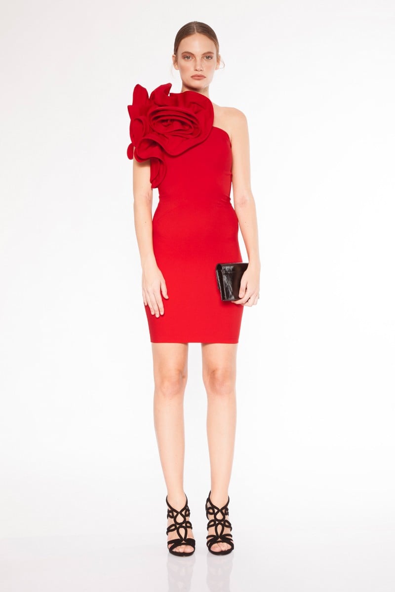 Red Crepe One Arm Mini Dress