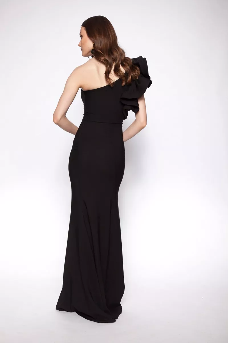 Black Crepe One Arm Maxi Dress