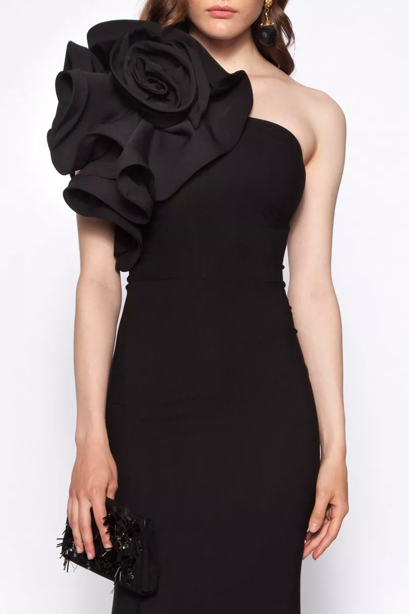 Black Crepe One Arm Maxi Dress
