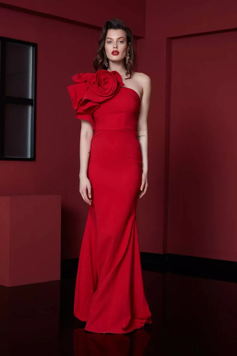 Red Crepe One Arm Maxi Dress