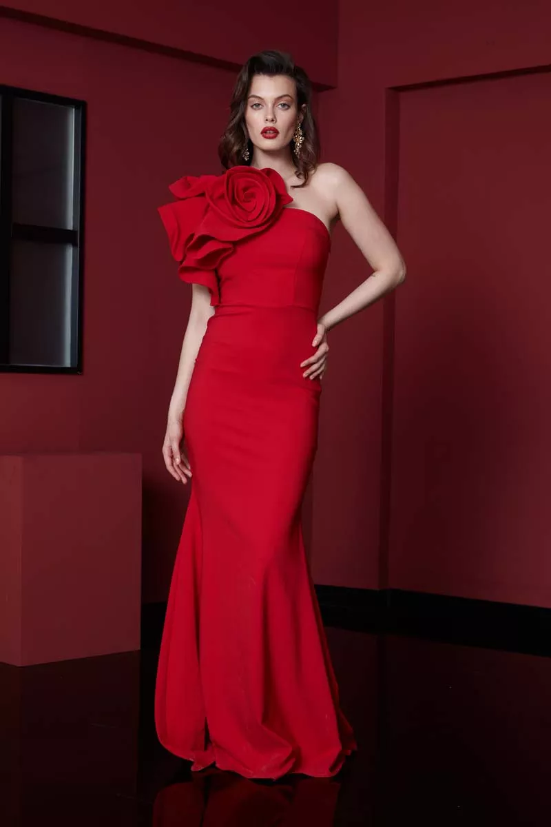 Red Crepe One Arm Maxi Dress