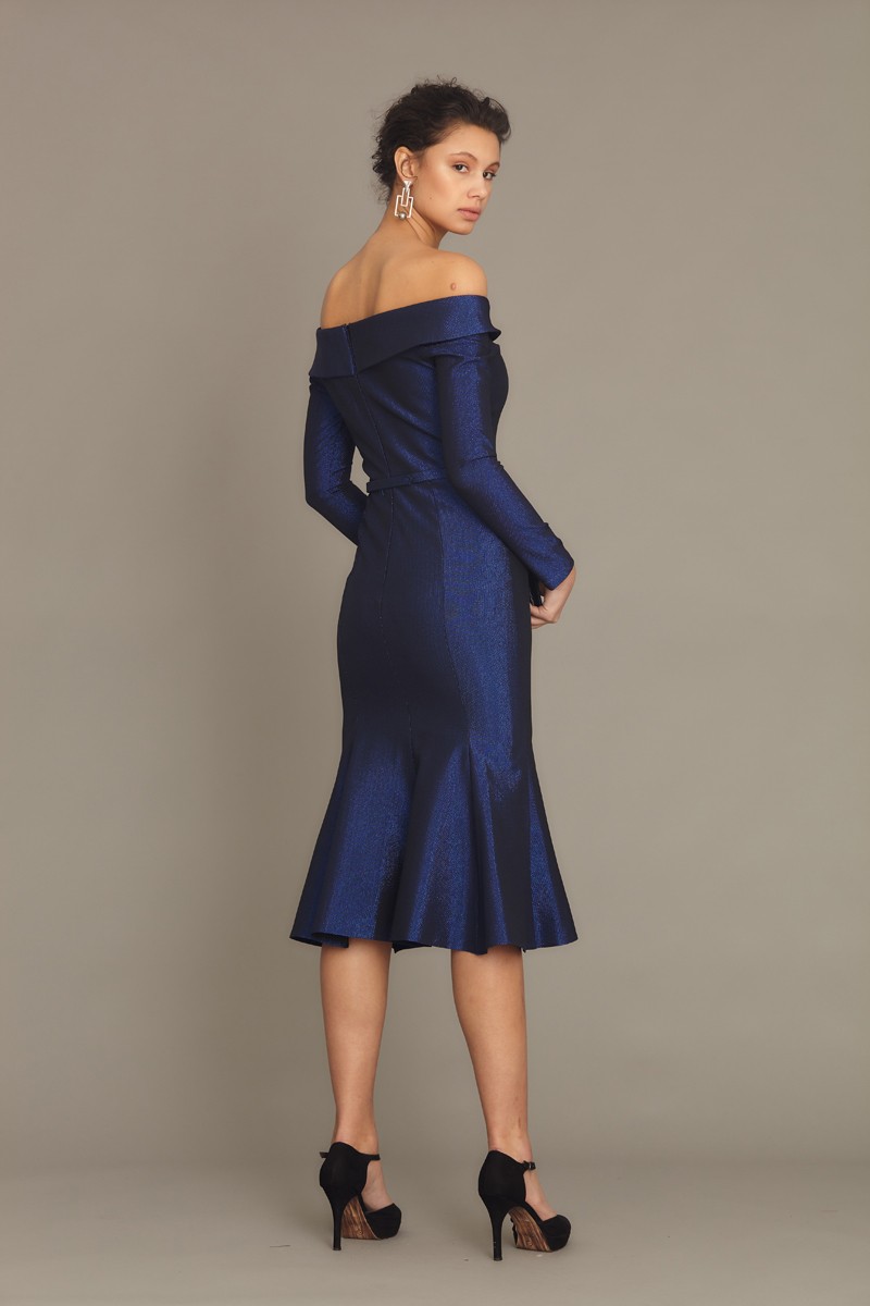 Saxon Blue Woven Long Sleeve Midi Dress