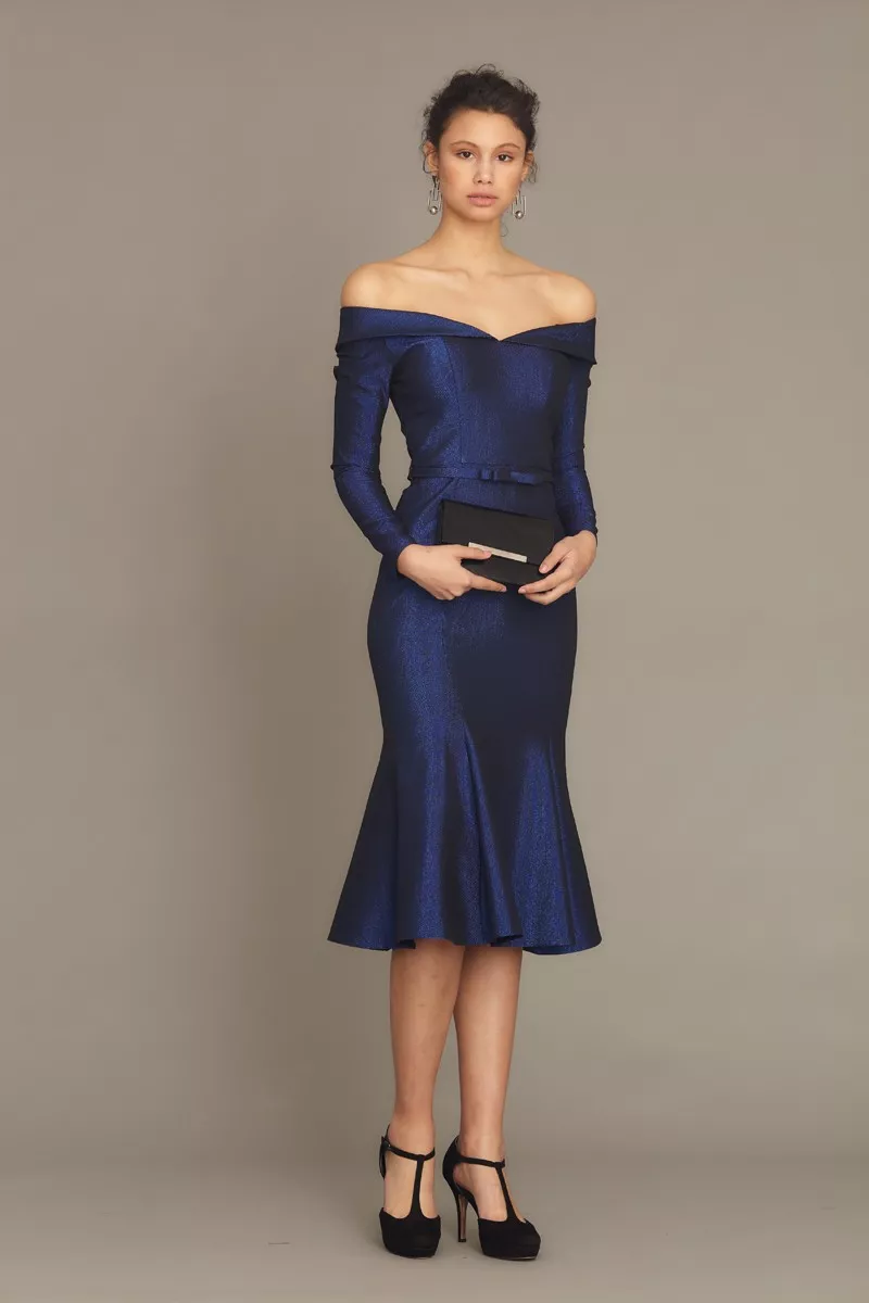Saxon Blue Woven Long Sleeve Midi Dress