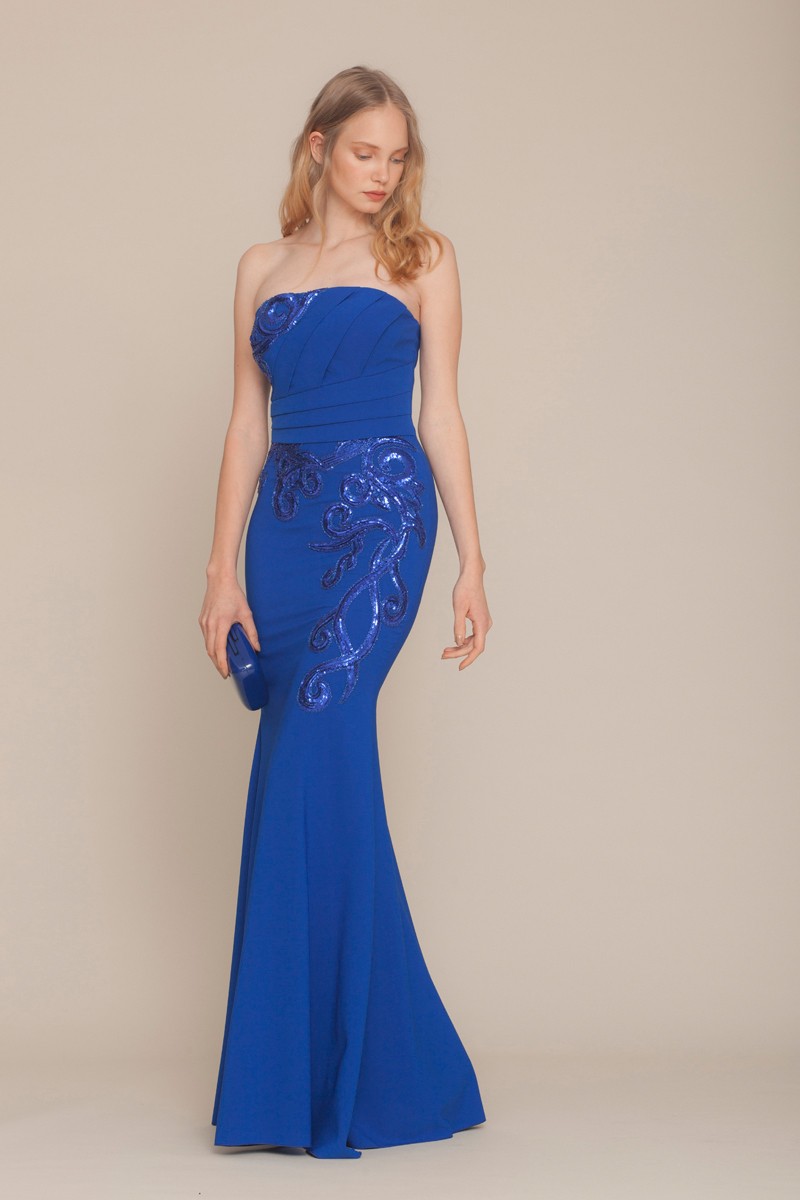 Saxon Blue Crepe Strapless Maxi Dress