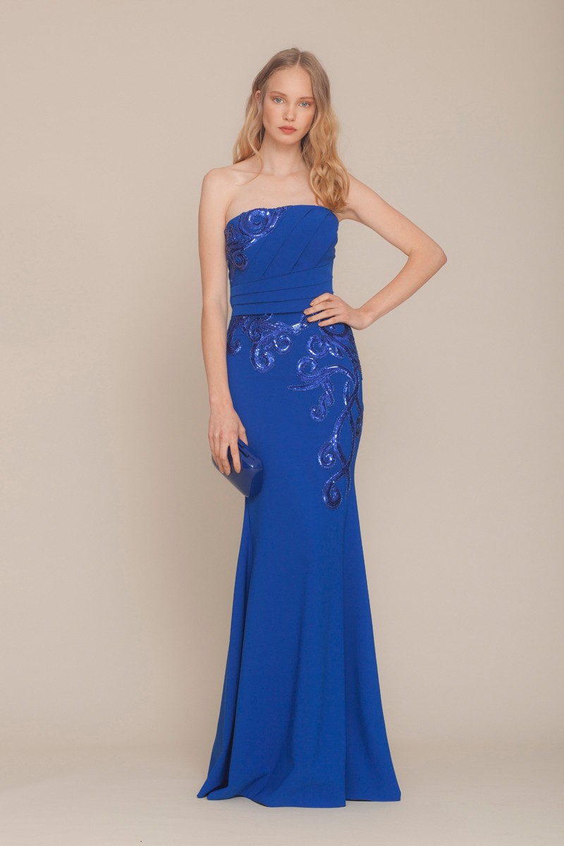 Saxon Blue Crepe Strapless Maxi Dress