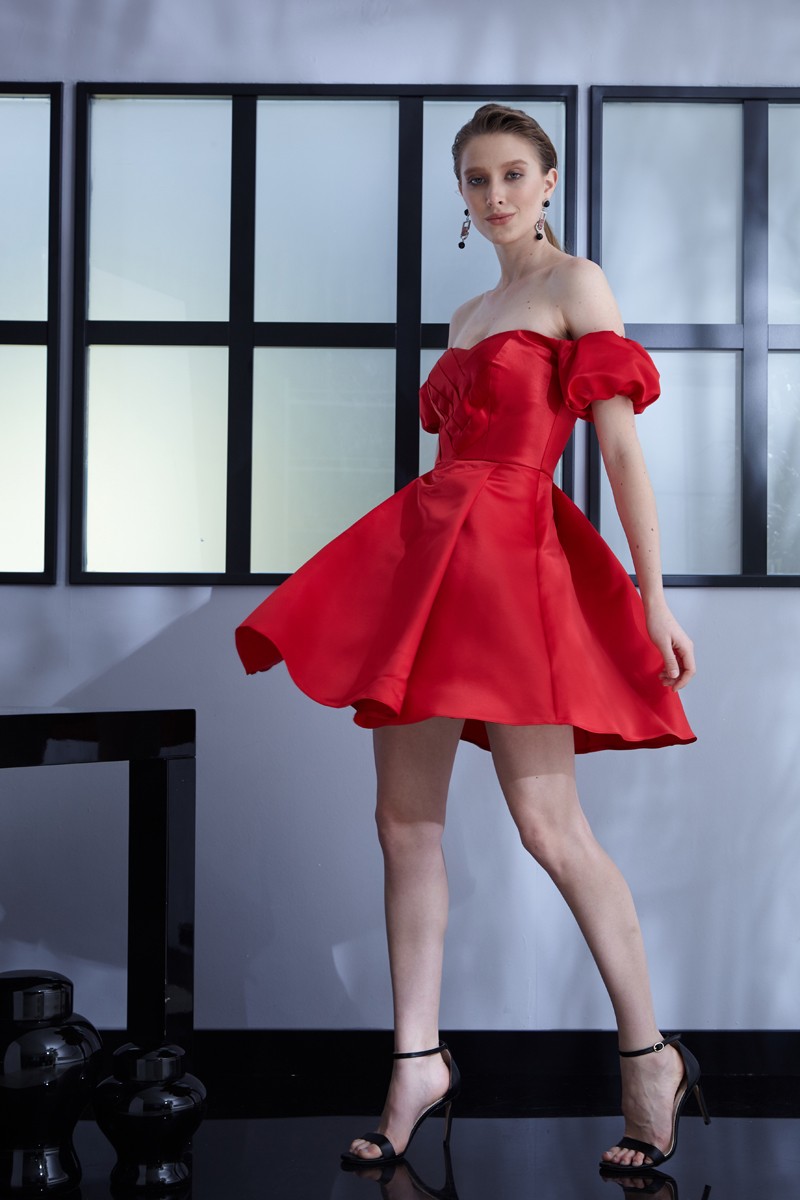 Red Satin Mini Short Sleeve Dress