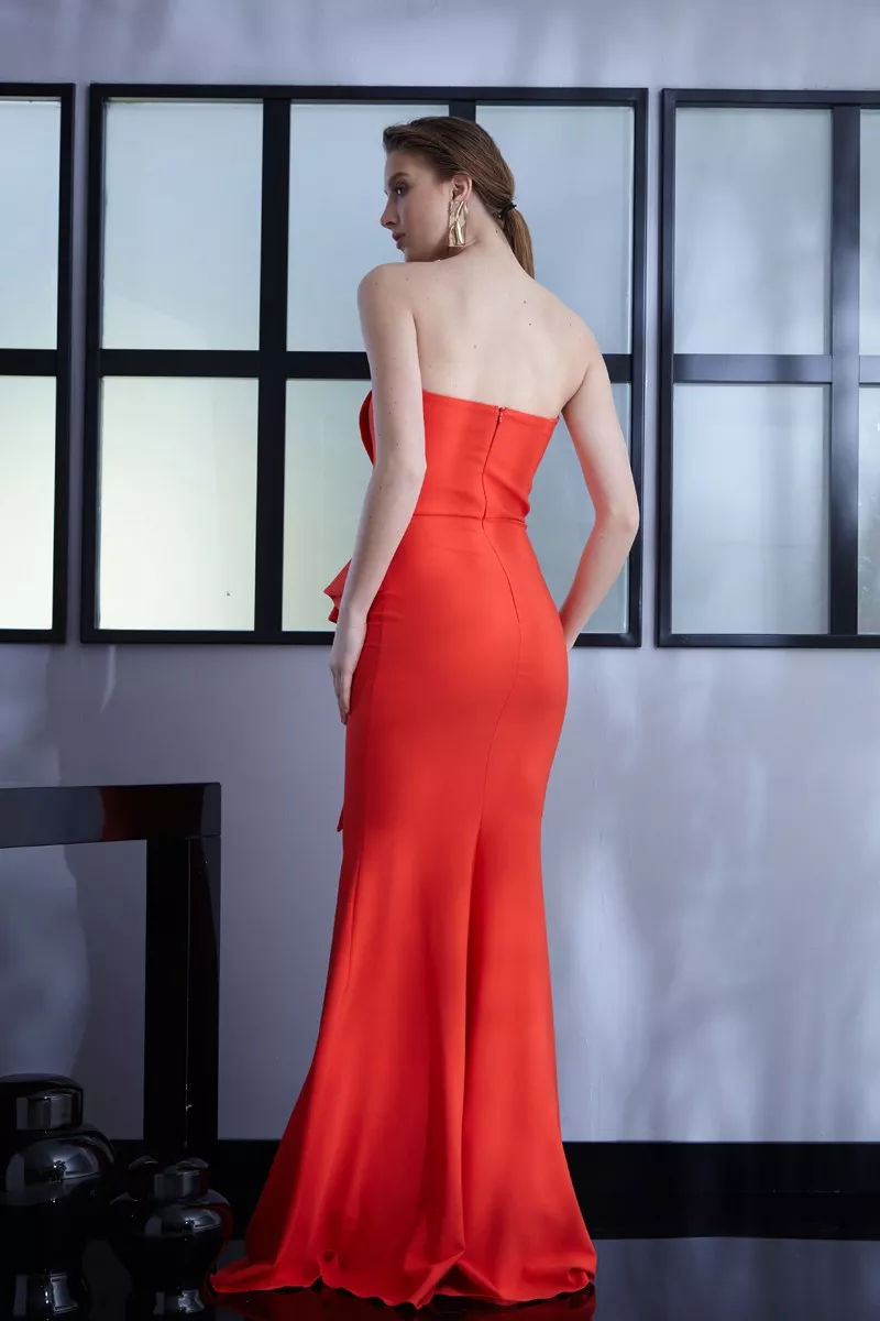Coral Crepe Strapless Maxi Dress