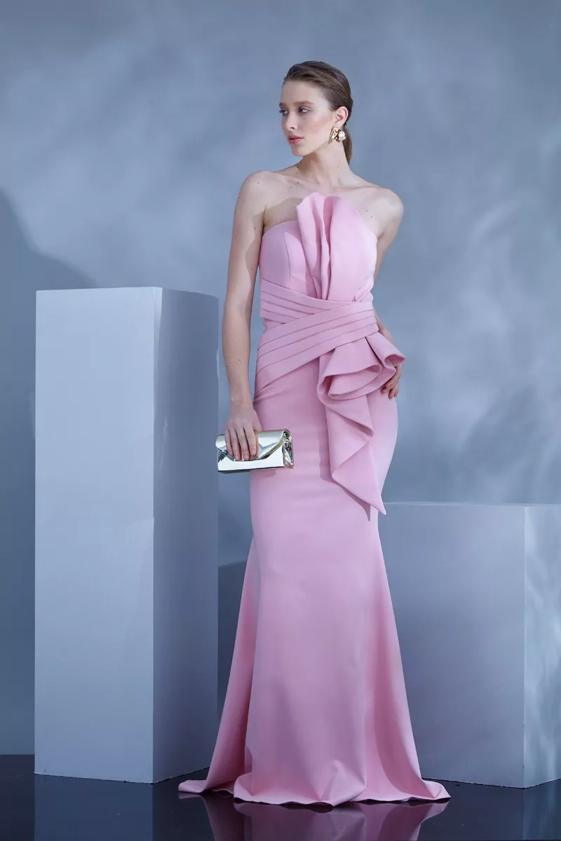 Pink Crepe Strapless Maxi Dress