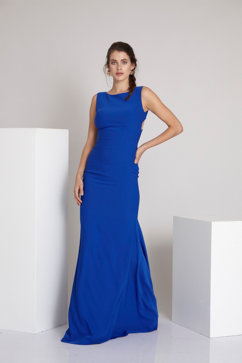 Saxon Blue Crepe Sleeveless Maxi Dress