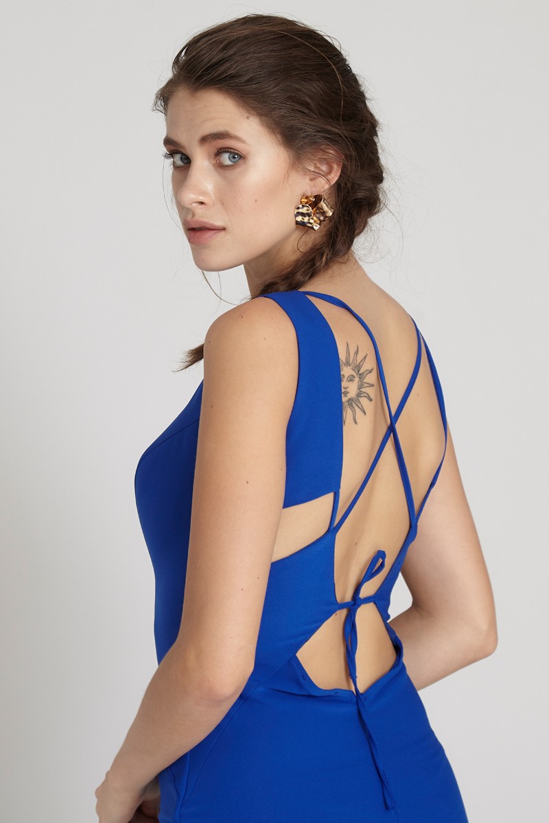 Saxon Blue Crepe Sleeveless Maxi Dress