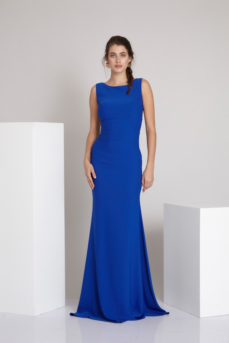 Saxon Blue Crepe Sleeveless Maxi Dress