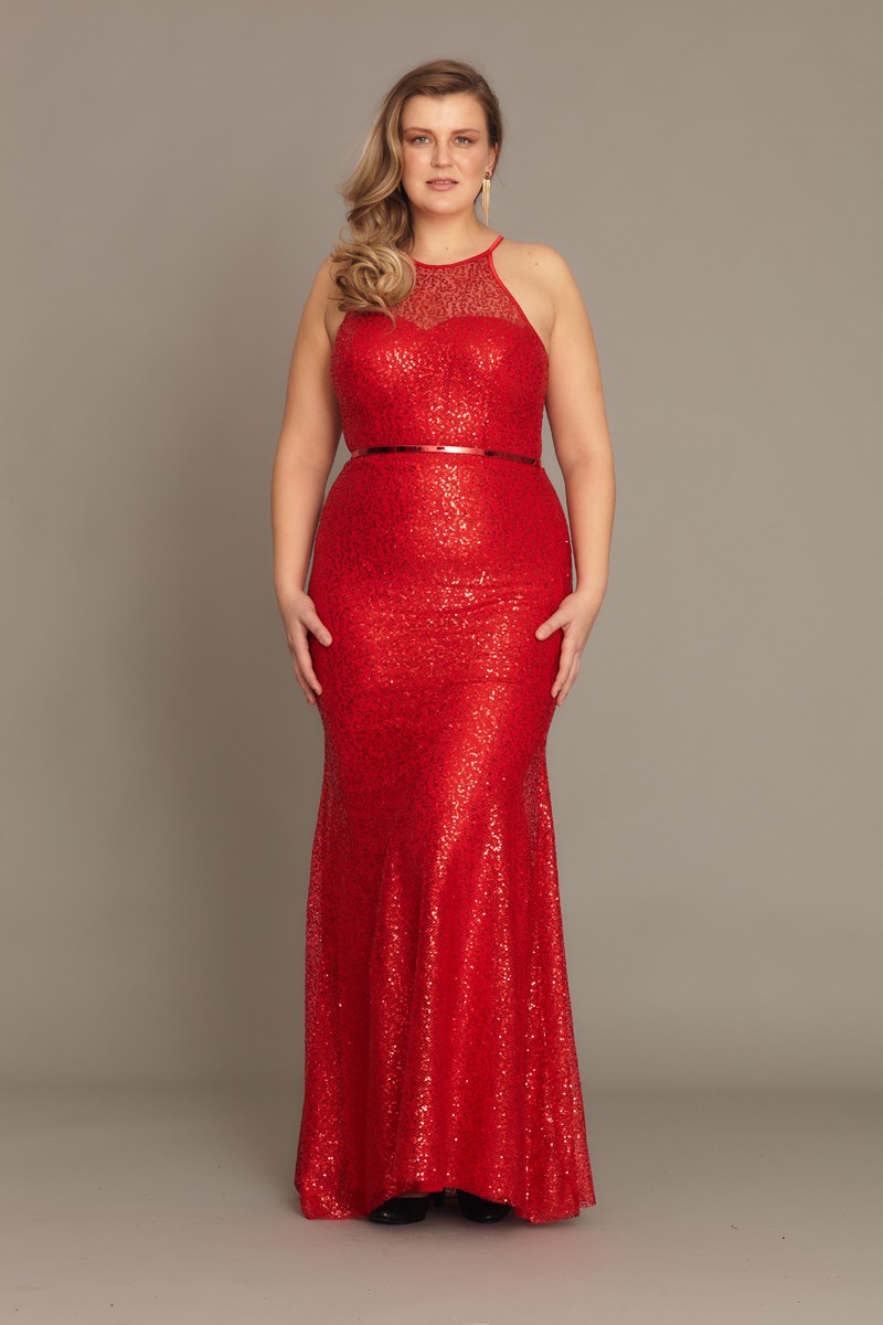 Red Plus Size Sequined Sleeveless Maxi Dress