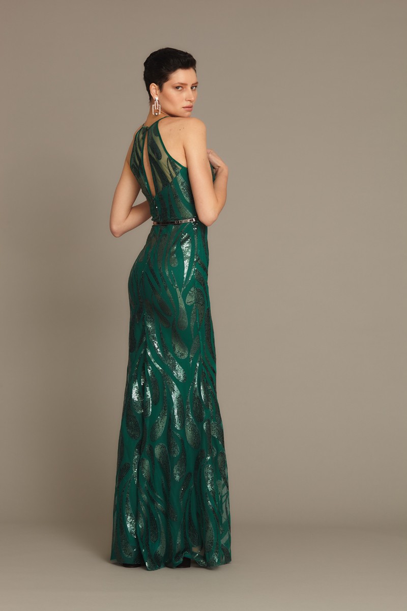 Dark Green Sequined Sleeveless Maxi Dress