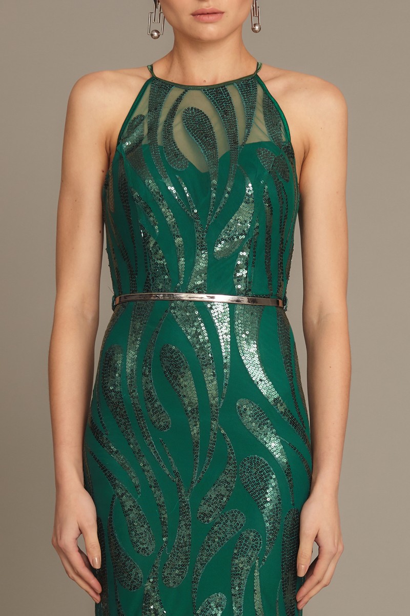 Dark Green Sequined Sleeveless Maxi Dress