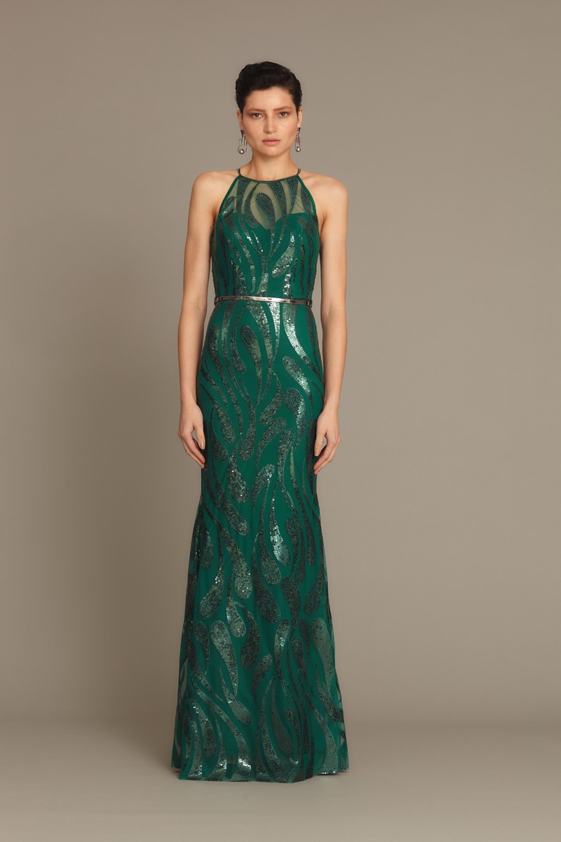 Dark Green Sequined Sleeveless Maxi Dress