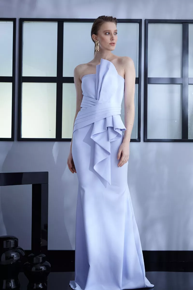 Blue Crepe Strapless Maxi Dress
