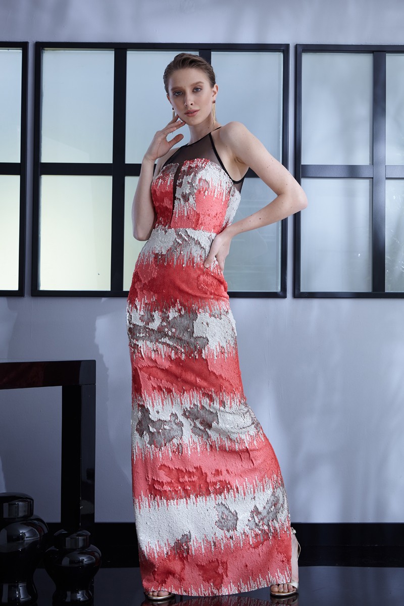 Coral Sequined Maxi Sleeveless Dress