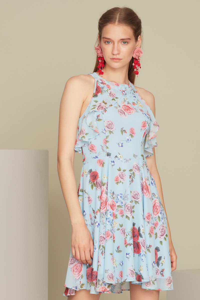 Blue Chiffon Mini Sleeveless Dress