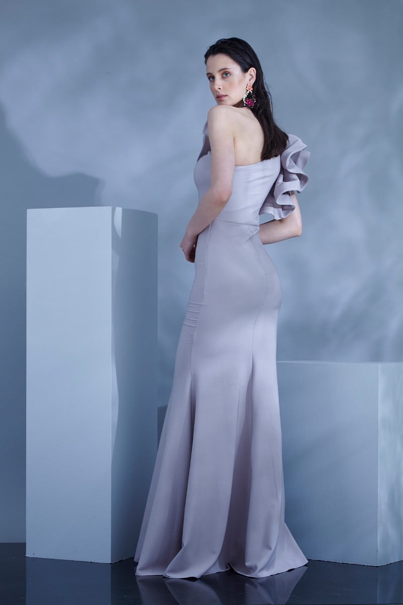 Gray Crepe One Arm Maxi Dress