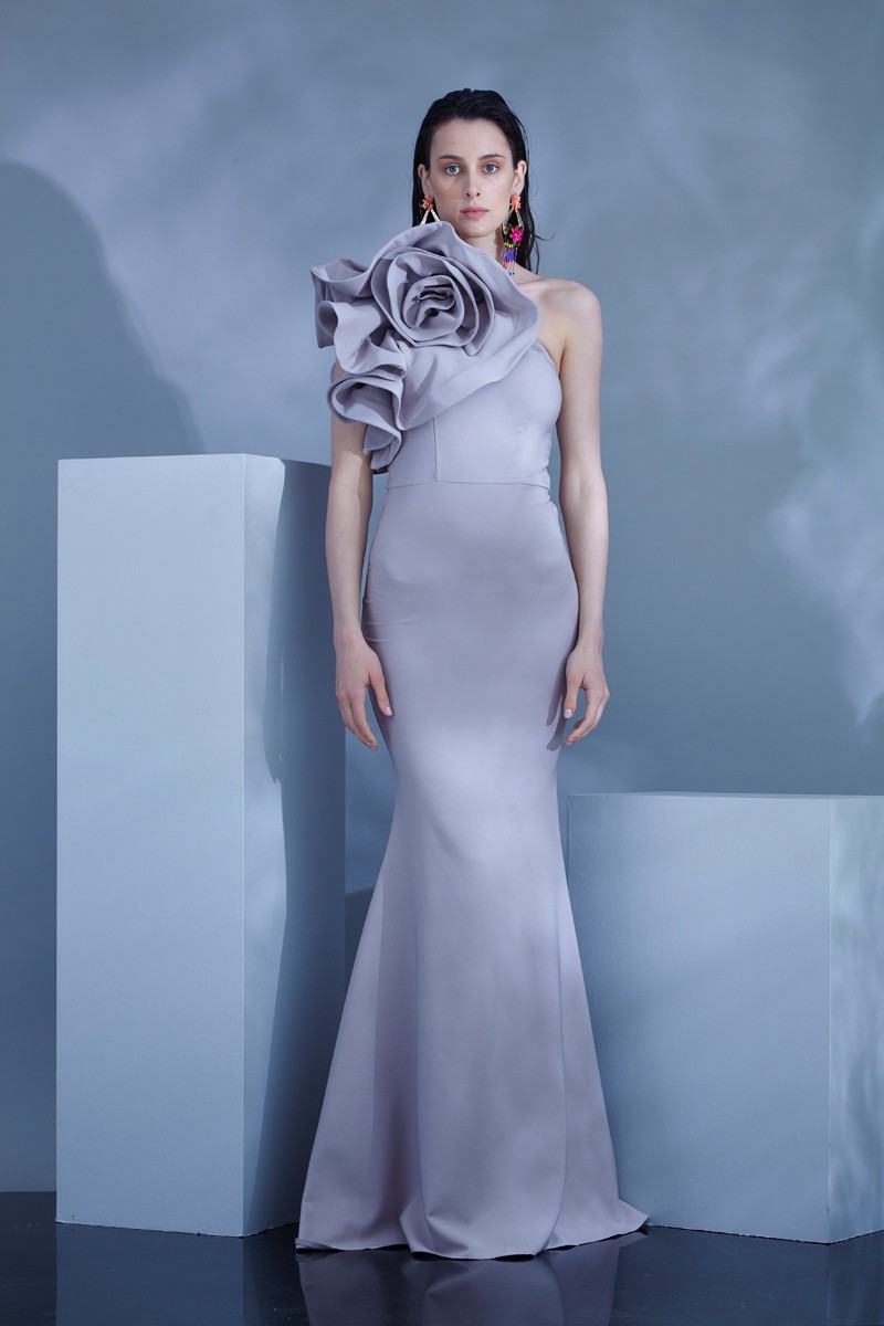 Gray Crepe One Arm Maxi Dress