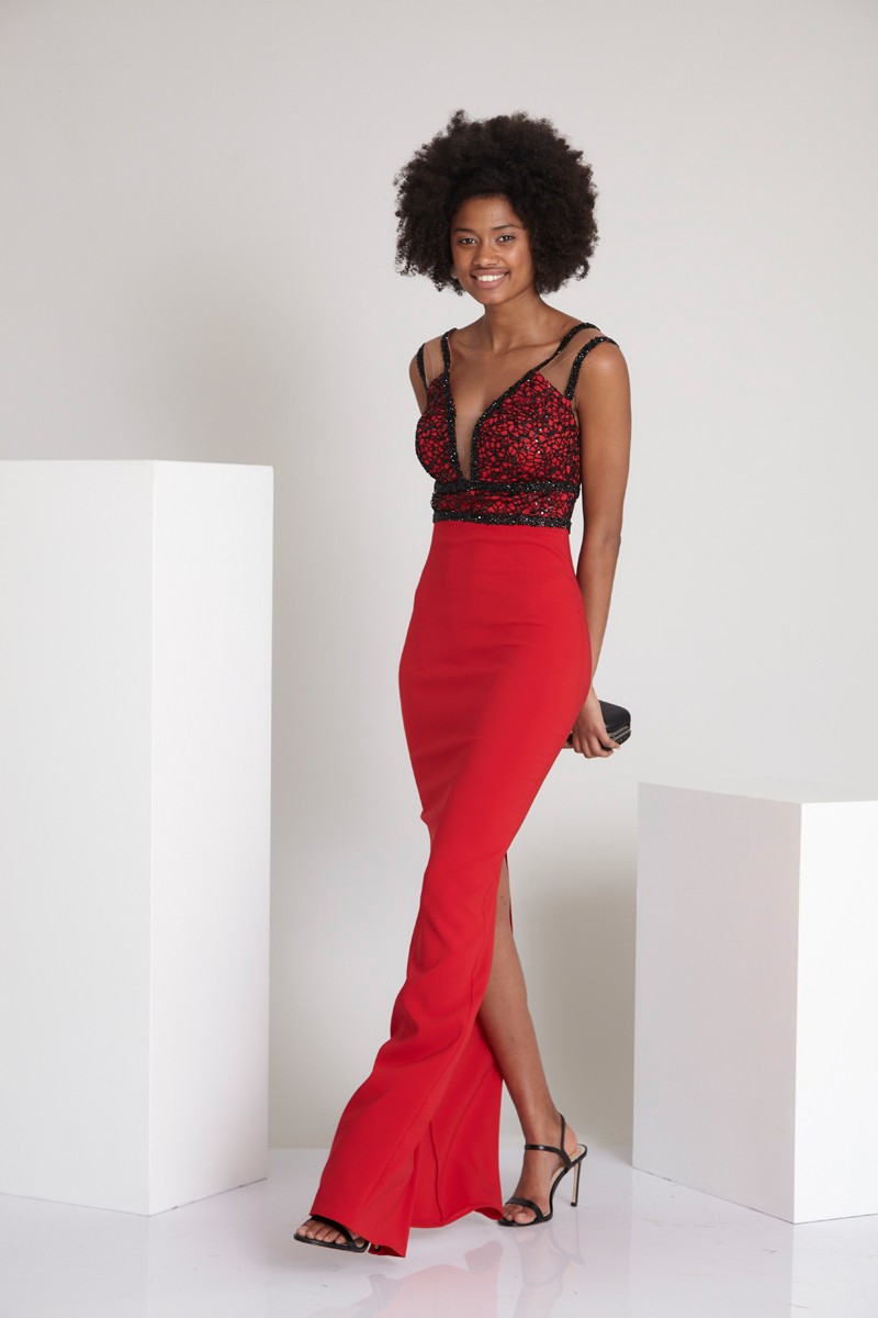 Red Sequined Maxi Short Sleeve Dress