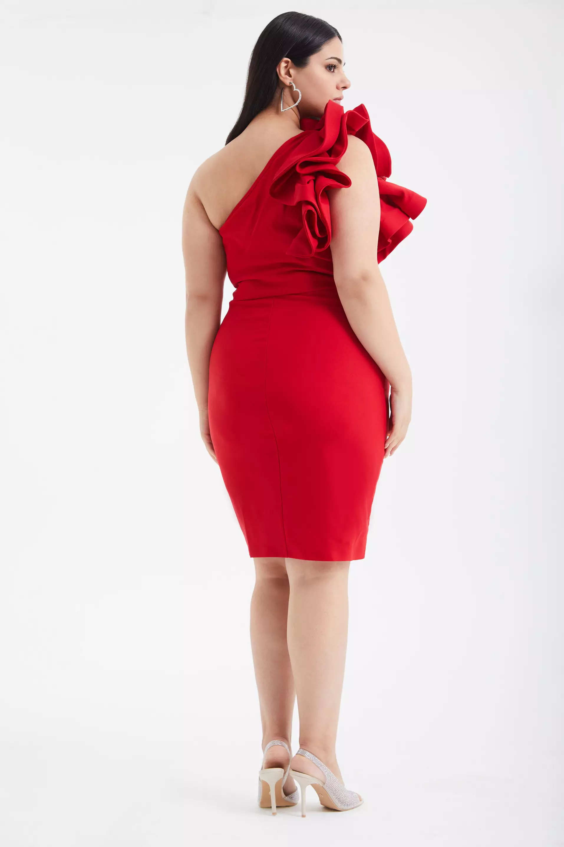 Red plus size crepe one arm mini dress