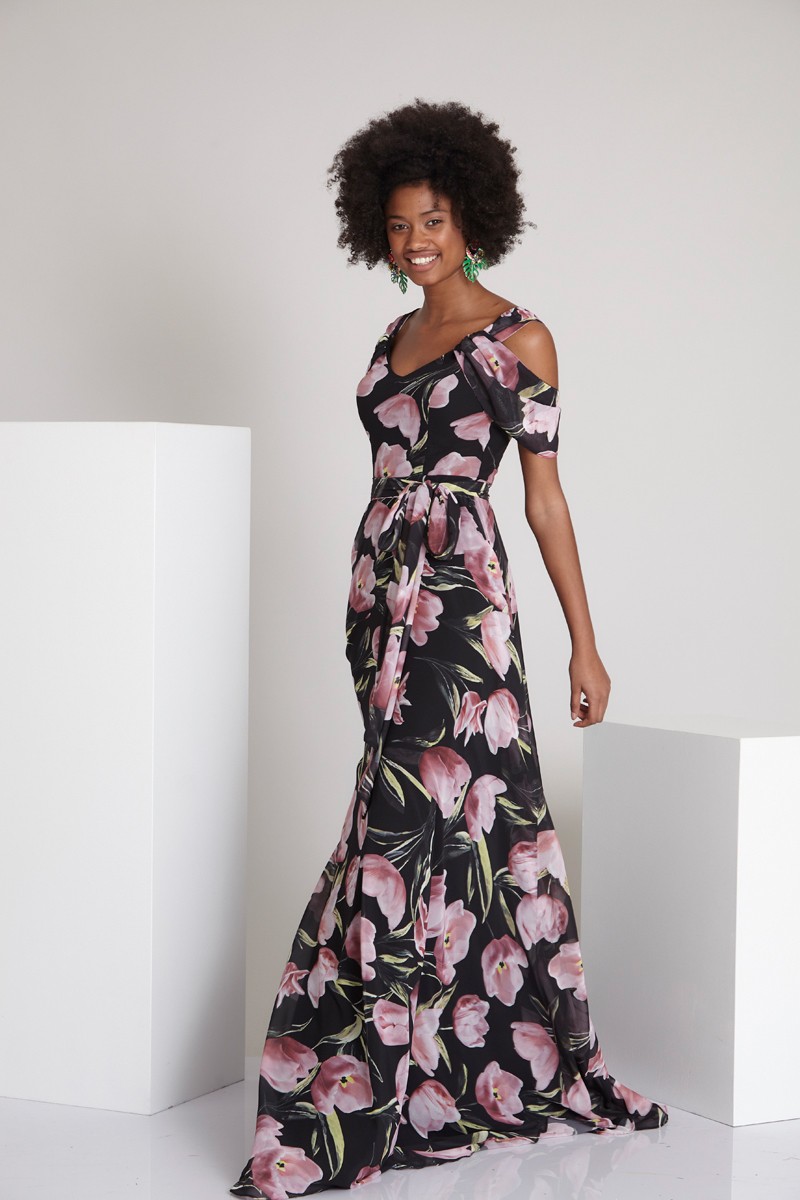 Printed Chiffon 3/4 Sleeve Maxi Dress
