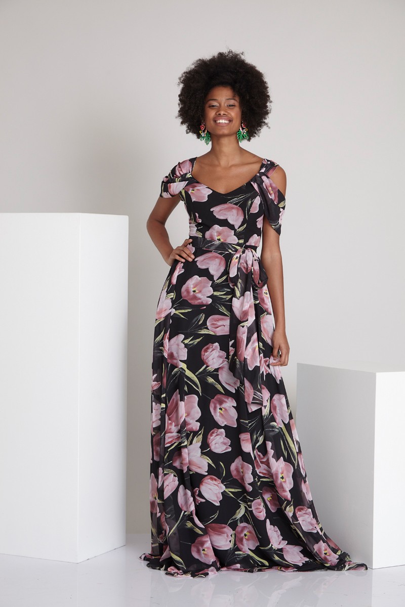 Printed Chiffon 3/4 Sleeve Maxi Dress