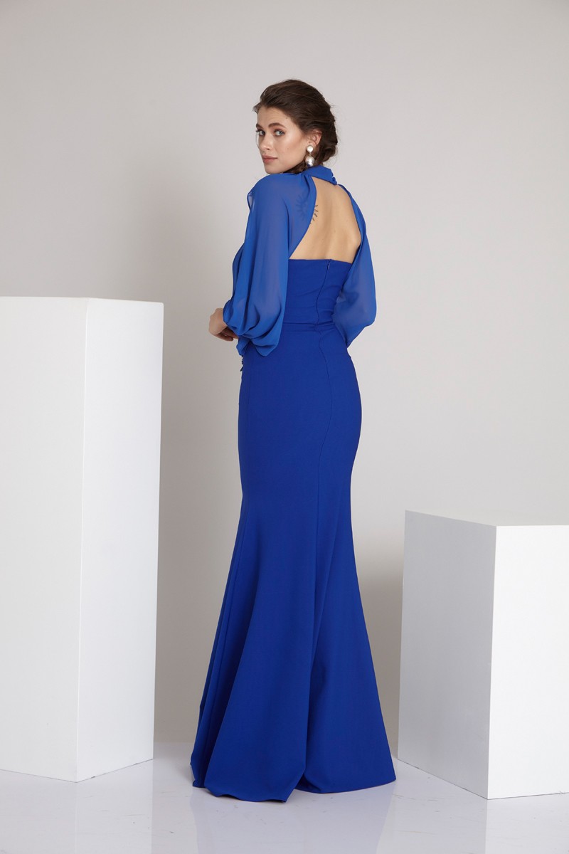 Saxon Blue Crepe Maxi Long Sleeve Dress