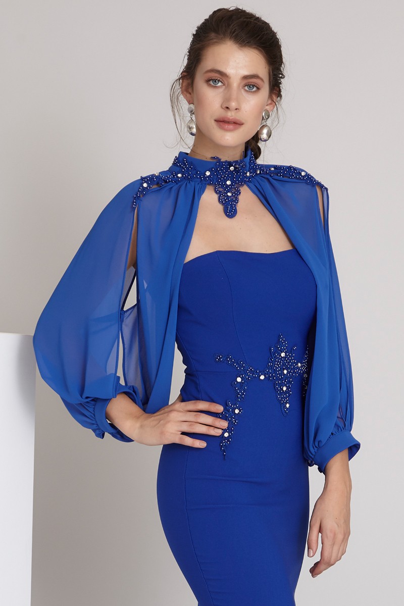 Saxon Blue Crepe Maxi Long Sleeve Dress