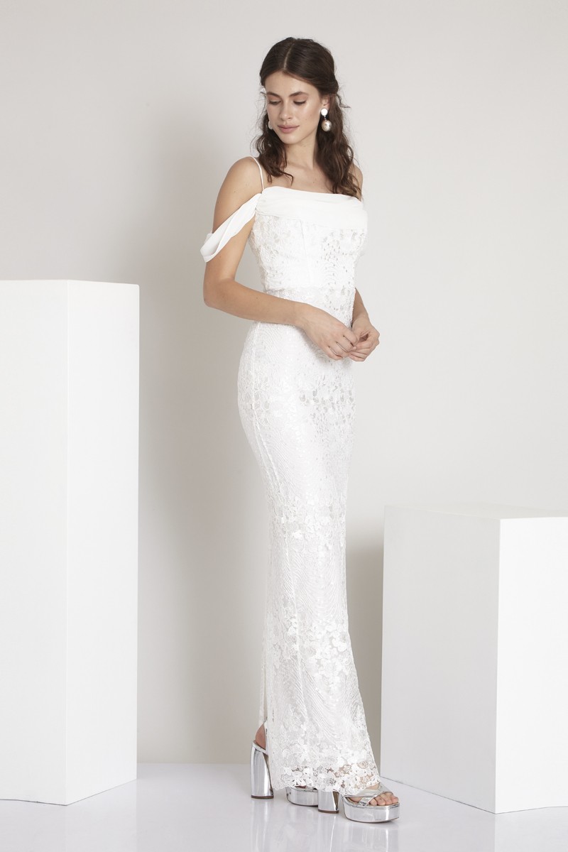 White Sequined Maxi Short Sleeve Dress