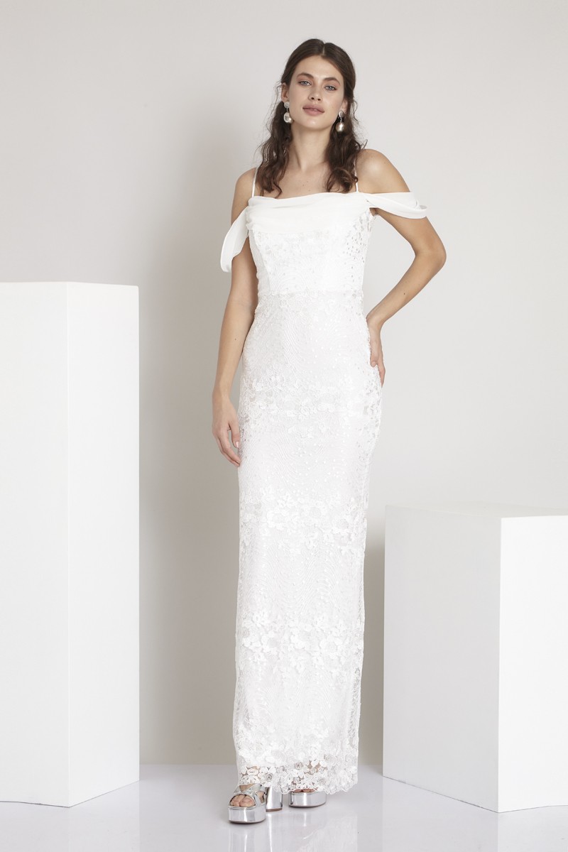 White Sequined Maxi Short Sleeve Dress