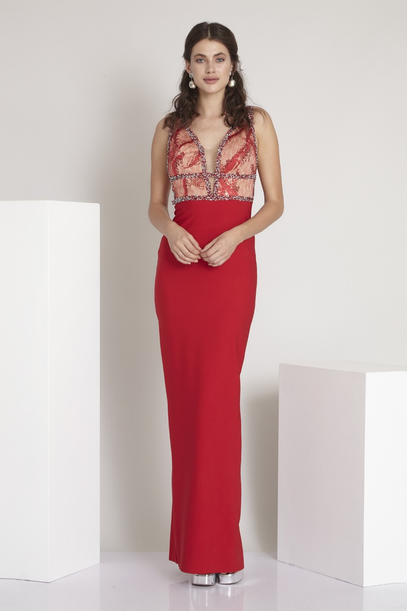Red Crepe Sleeveless Maxi Dress