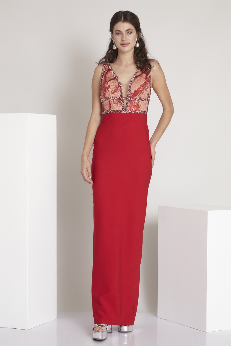 Red Crepe Sleeveless Maxi Dress