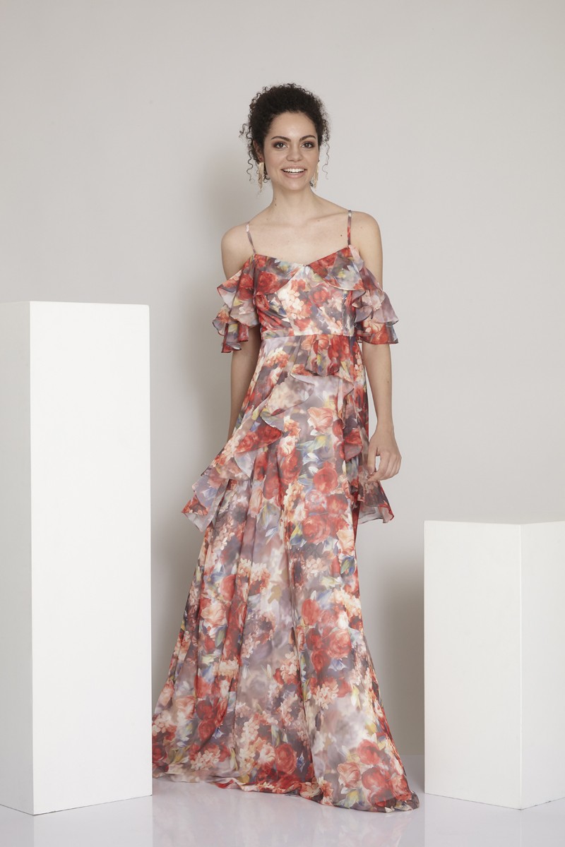 Printed sifon 3/4 sleeve maxi dress