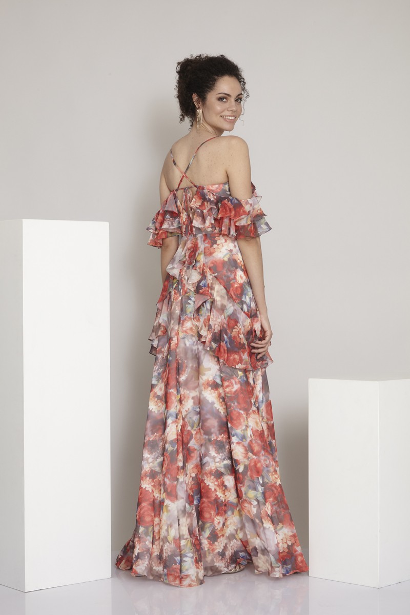 Printed sifon 3/4 sleeve maxi dress