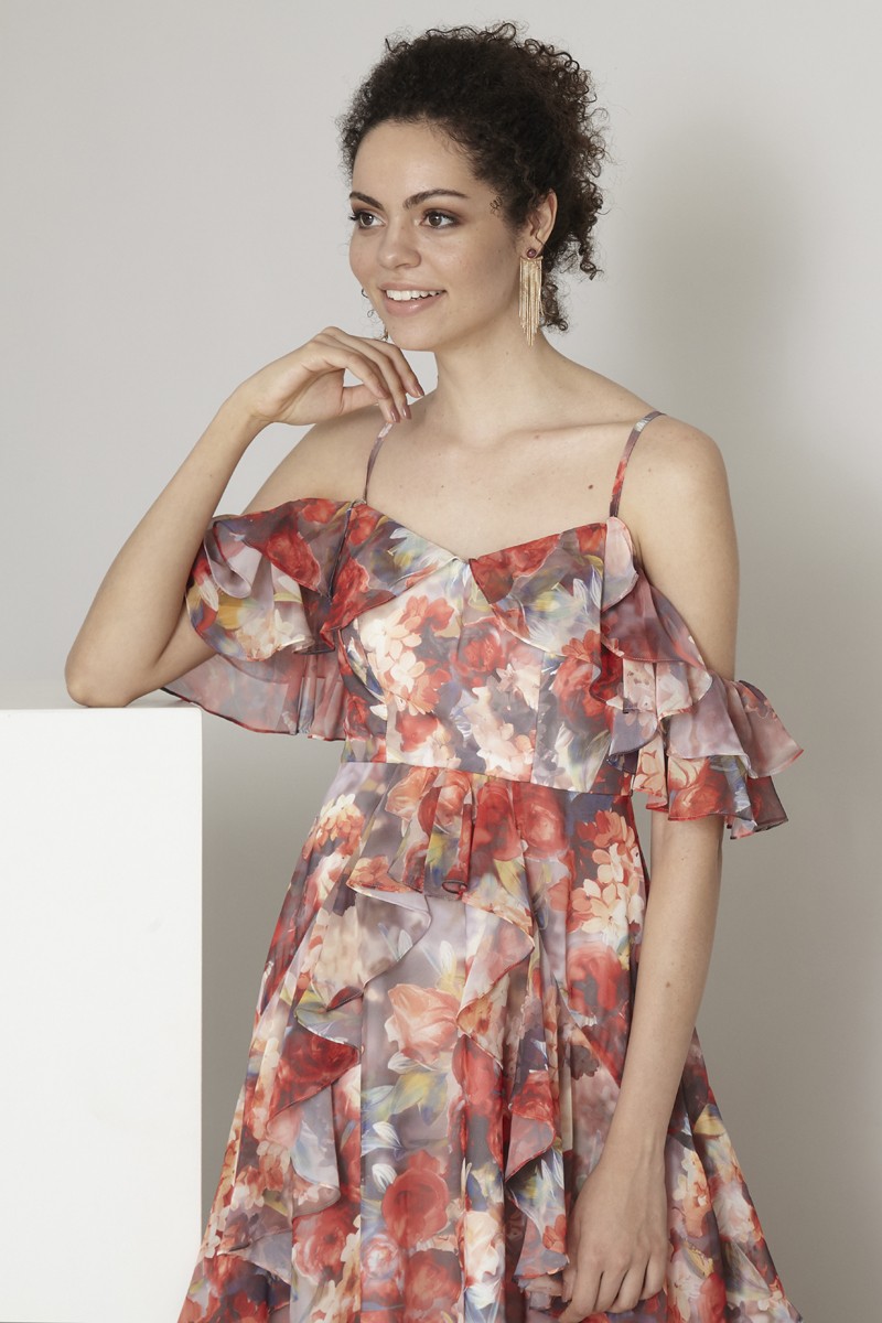 Printed sifon 3/4 sleeve maxi dress