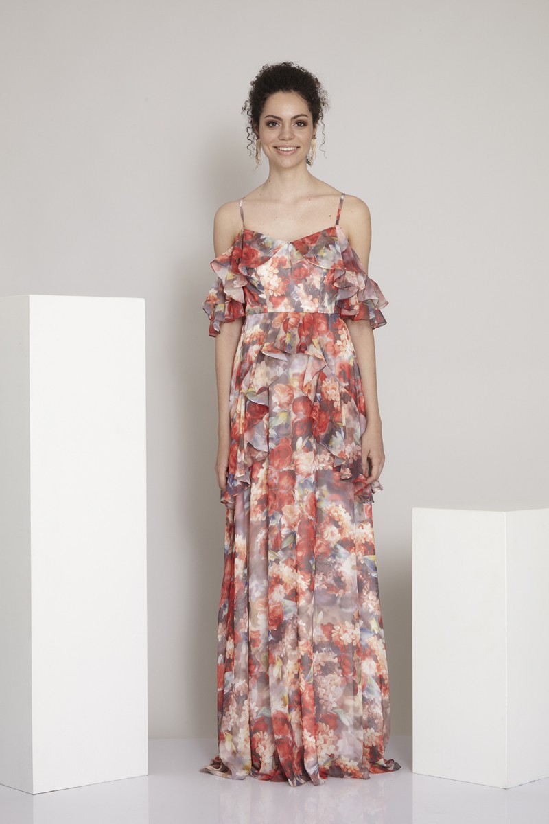 Printed sifon 3/4 sleeve maxi dress