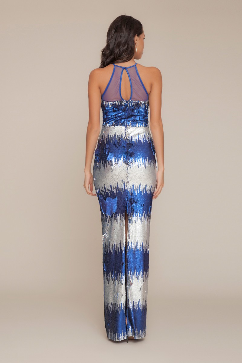Saxon Blue Sequined Maxi Sleeveless Dress