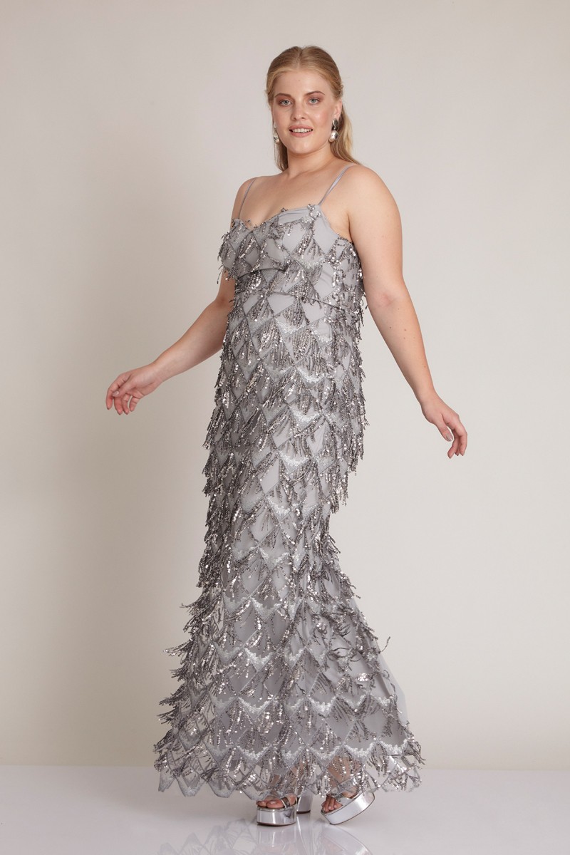 Silver Plus Size Sequined Sleeveless Maxi Dress