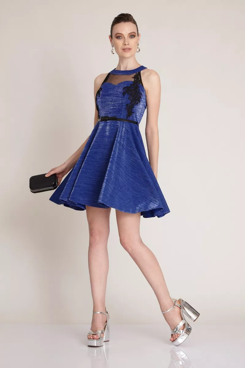 Saxon Blue Knitted Sleeveless Mini Dress