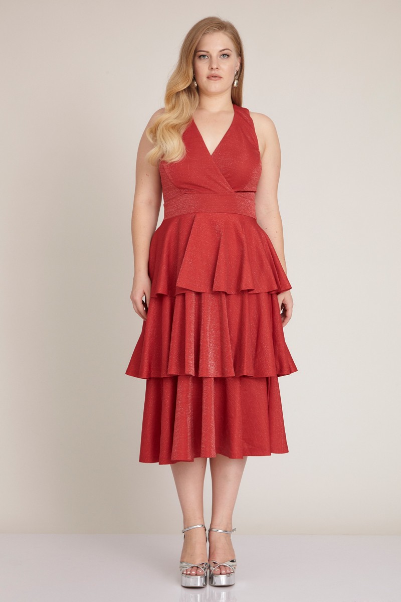 Red Plus Size Knitted Sleeveless Midi Dress