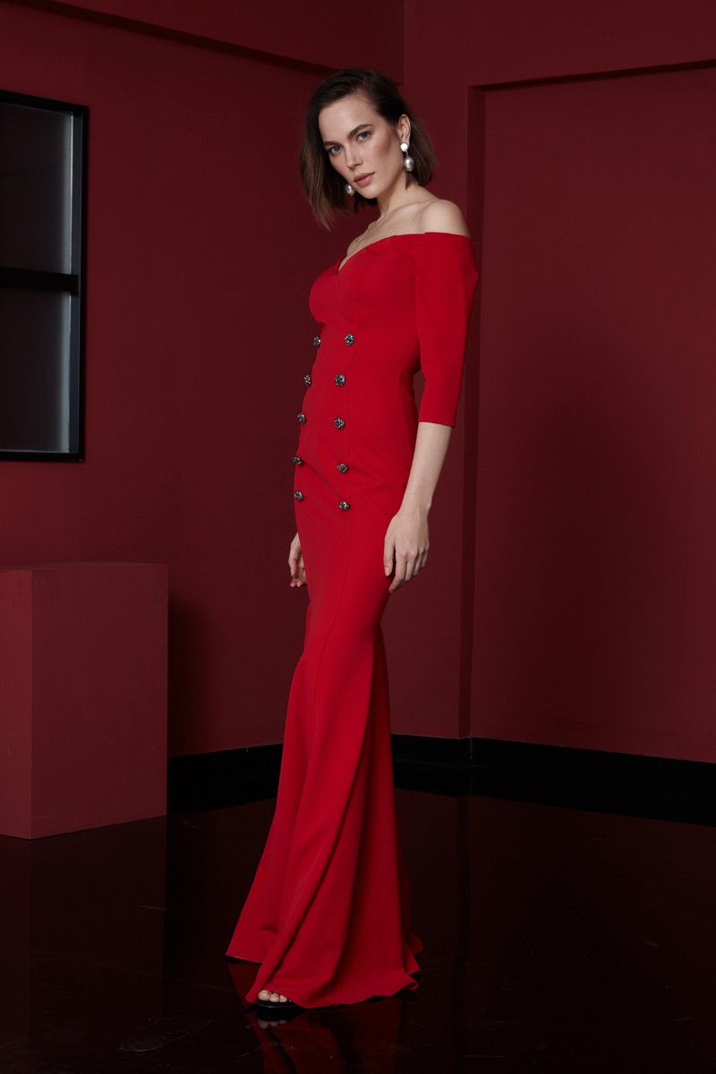 Red Crepe Long Sleeve Maxi Dress