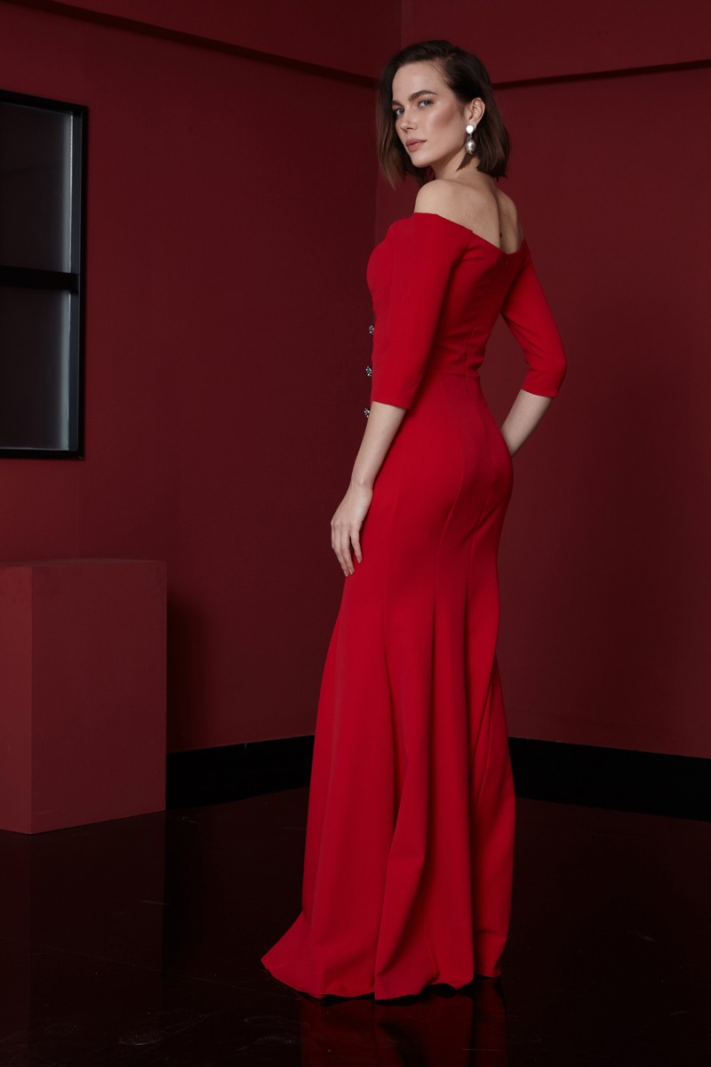Red Crepe Long Sleeve Maxi Dress