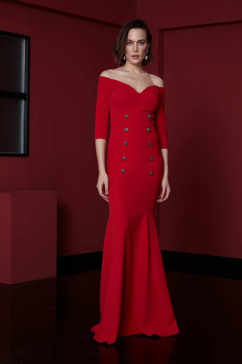 Red Crepe Long Sleeve Maxi Dress