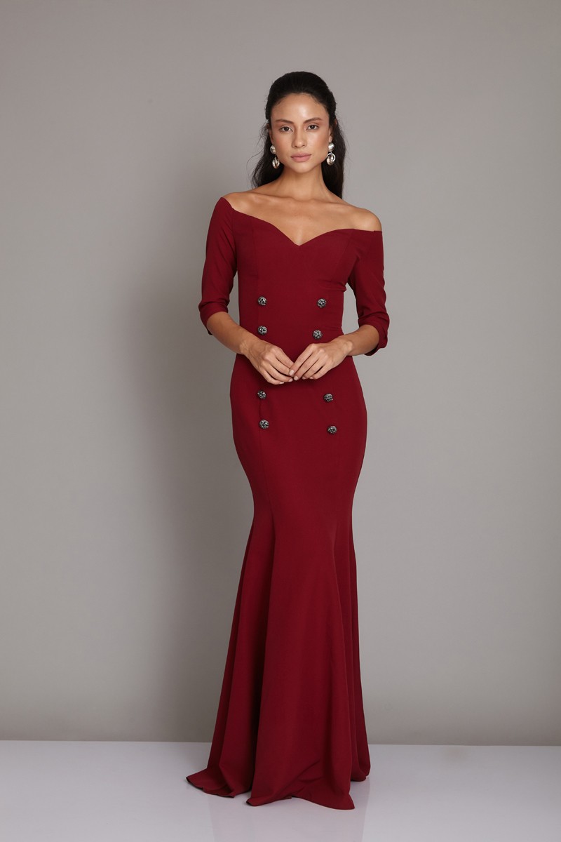 Plum Crepe Long Sleeve Maxi Dress