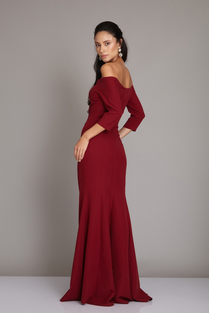 Plum Crepe Long Sleeve Maxi Dress