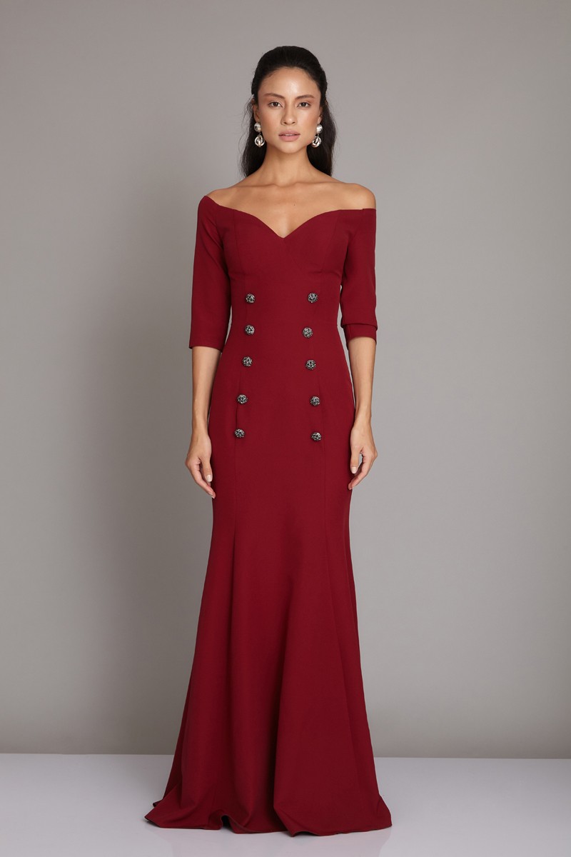 Plum Crepe Long Sleeve Maxi Dress